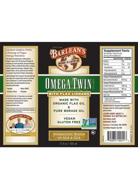 Omega Twin Liquid Flaxseed Oil and Pure Borage Oil Supplement with Lignans, 6,010mg ALA and 465mg GLA Omega Fatty Acids from Organic Flax Seed and Cold Pressed Borage Seeds, 12 oz