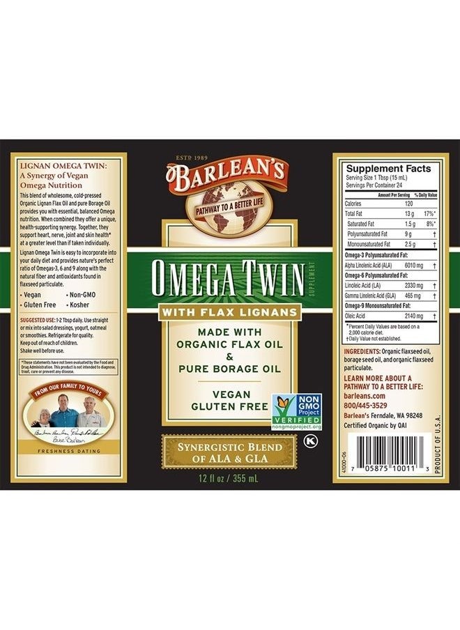 BARLEAN'S - Omega Twin Liquid Flaxseed Oil and Pure Borage Oil Supplement with Lignans, 6,010mg ALA and 465mg GLA Omega Fatty Acids from Organic Flax Seed and Cold Pressed Borage Seeds, 12 oz - Image 1