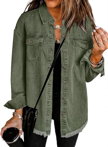 Dokotoo Women's Oversized Denim Jacket Casual Long Sleeve Denim Shirts Distresse Jean Jacket Fall Fashion Outfits 2025 Green XX-Large - Image 1