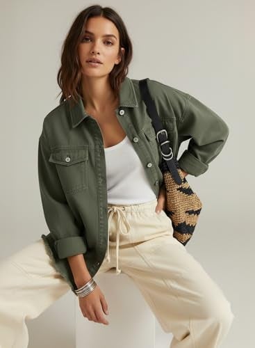 Dokotoo Women's Oversized Denim Jacket Casual Long Sleeve Denim Shirts Distresse Jean Jacket Fall Fashion Outfits 2025 Green XX-Large - Image 4