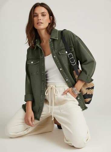 Dokotoo Women's Oversized Denim Jacket Casual Long Sleeve Denim Shirts Distresse Jean Jacket Fall Fashion Outfits 2025 Green XX-Large - Image 5