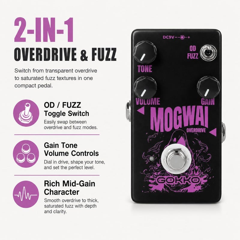 دواسة جيتار GK-61 Mogwai Overdrive – دواسة تأثيرات 2 في 1 (Overdrive و Fuzz) للجيتار الكهربائي – نغمة كلاسيكية، مفتاح تبديل، تجاوز حقيقي - Image 2