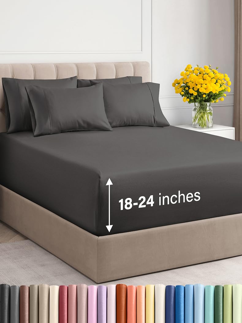 CGK Unlimited Extra Deep King Sheet Set - 6 Piece Breathable & Cooling Sheets - Hotel Luxury Bed Sheets Set - Easy & Secure Fit - Soft, Wrinkle Free & Comfy Sheets Set - Charcoal Sheet Set with Extra Deep Pockets - Image 1
