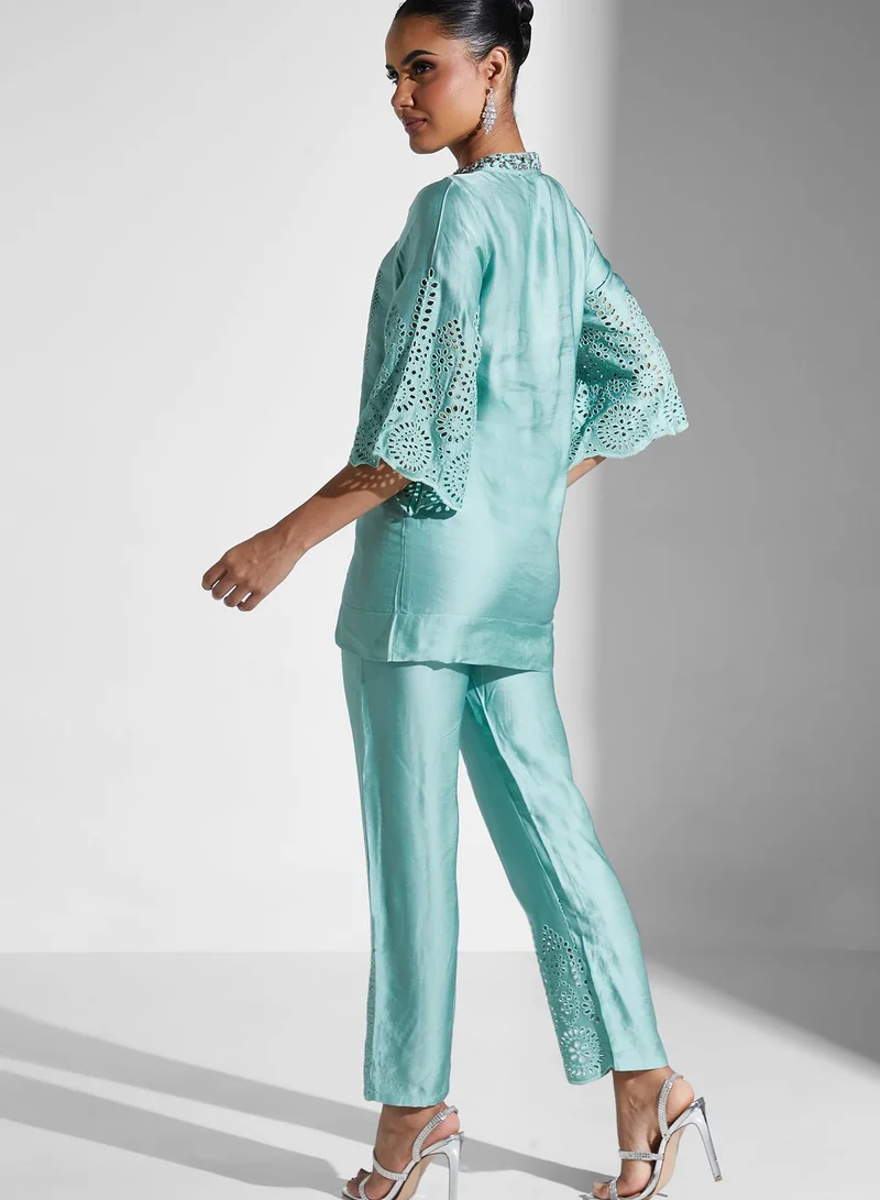 Threadz by Ajooni Schiffli Embroidered Blouse And Pants Set