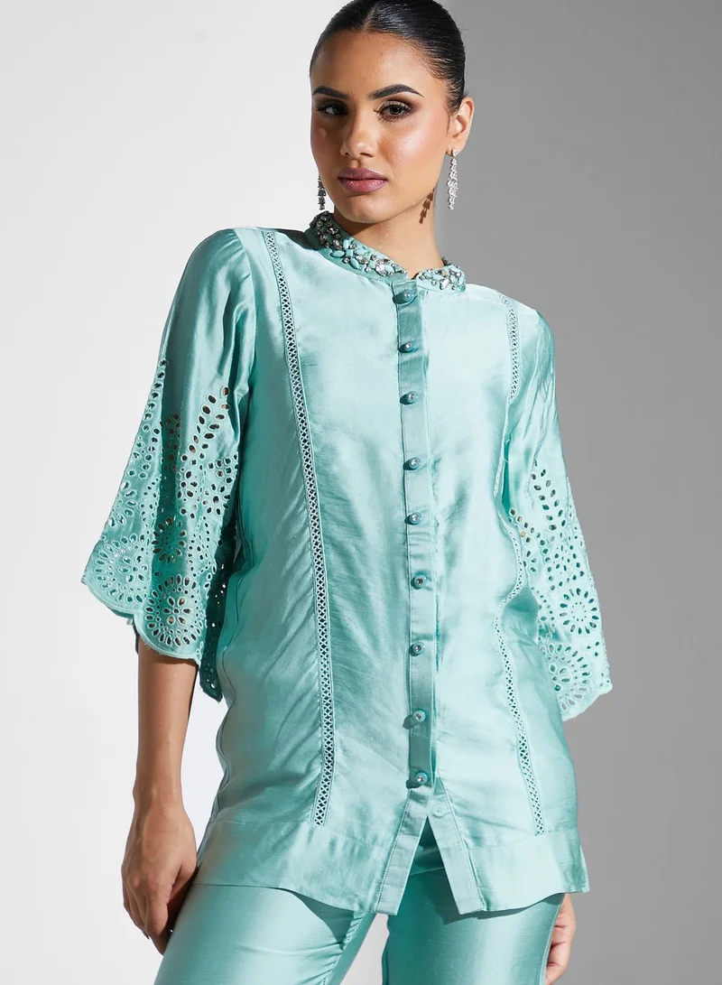 Threadz by Ajooni Schiffli Embroidered Blouse And Pants Set