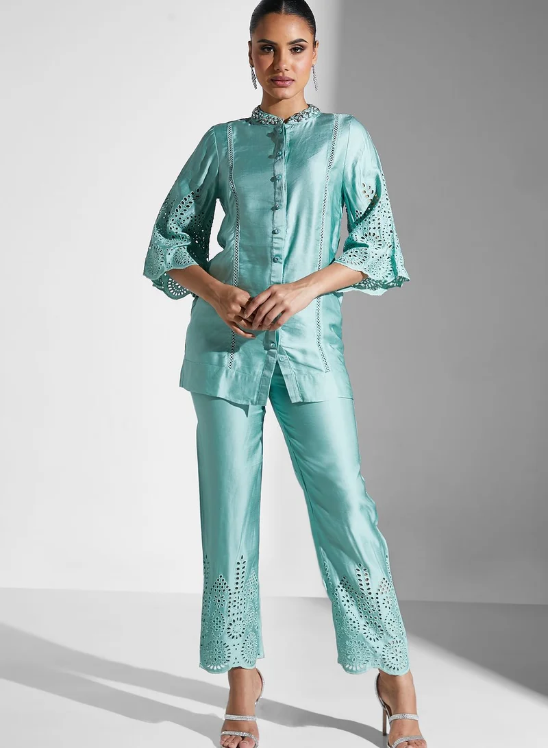 Threadz by Ajooni Schiffli Embroidered Blouse And Pants Set