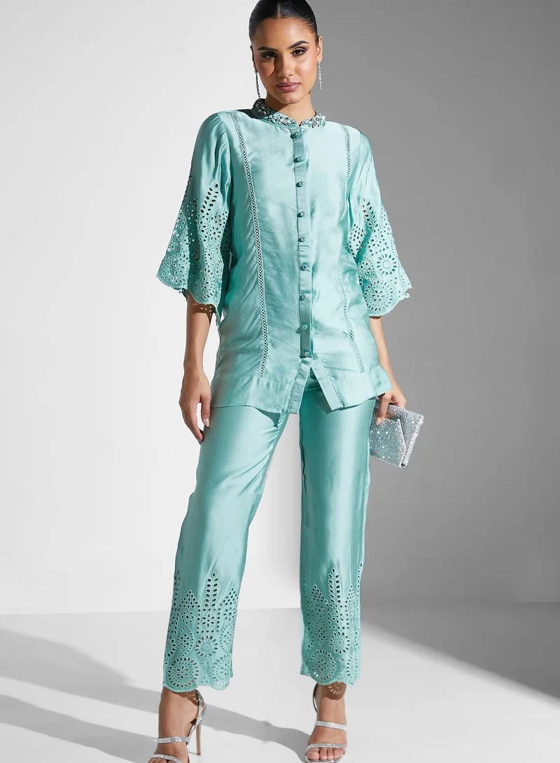 Threadz by Ajooni Schiffli Embroidered Blouse And Pants Set