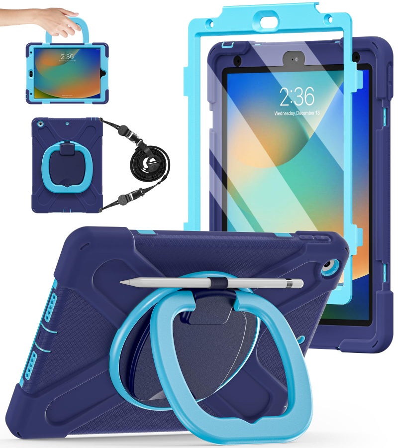 BATYUE for iPad 9th/ 8th/ 7th Generation Case (iPad 10.2 inch Rugged Case 2021/2020/2019) with Screen Protector, Rotating Stand/Pencil Holder/Carrying Shoulder Strap (Navy Blue) - Image 1