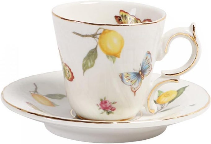 PORCELAIN CUP AND SAUCER SET WITH GOLD TRIM 3 OZ MINI TEACUP ESPRESSO CUP LEMON AND BUTTERFLY PATTERN