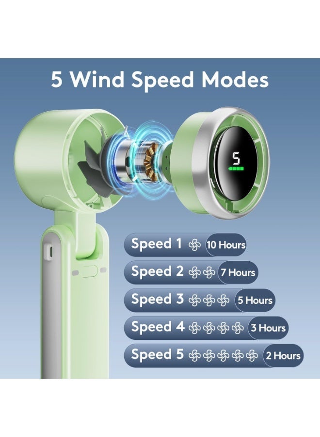 التلقيم قابل للطي المحمولة مروحة صغيرة المحمولة عالية السرعة قابلة للشحن، 5 العتاد الرياح، تعمل بالبطارية، ما يصل إلى 12 ساعة عمل للأنشطة في الهواء الطلق، السفر، العمل، النساء الرجال السفر التخييم، الأخضر - Image 4