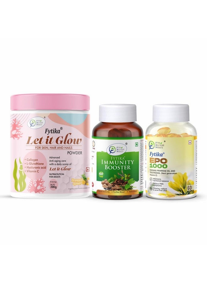Fytika Let it Glow Pineapple, Collagen Powder-200G + Fytika Immunity Booster (Immune system support)-60 Tabs + Fytika EPO 1000 Evening Primrose Oil-60 Softgel - Image 1
