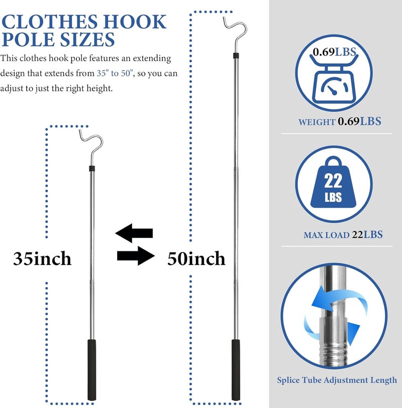 Greeily Clothes Hanger Reaching Hook Telescopic Adjustment Clothes Hook Rod Light and can Extend from51 Hook and Sponge Handle. (50inch) - Image 2