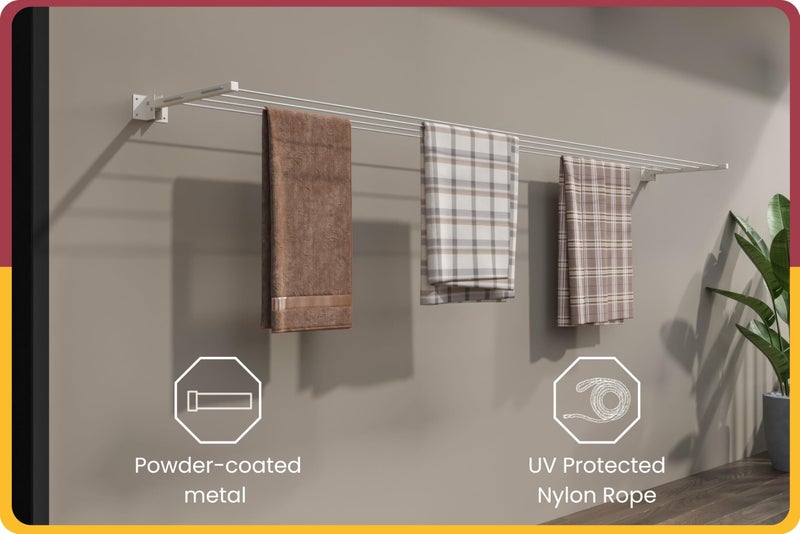 Amiraj Powder Coated Metal Clothes Drying Stand Wall Mounted/Cloth Dryer Stand/Clothes Hanger for Drying Clothes Foldable for Home Or Balcony with 40 Feet Rope and Fasteners Set - Image 5