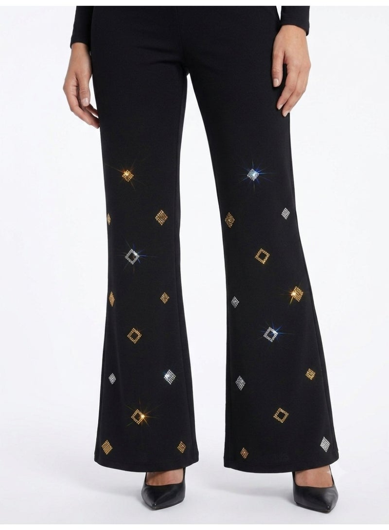 Women black flare pants lycra with gold and silver rhinestones - Image 2