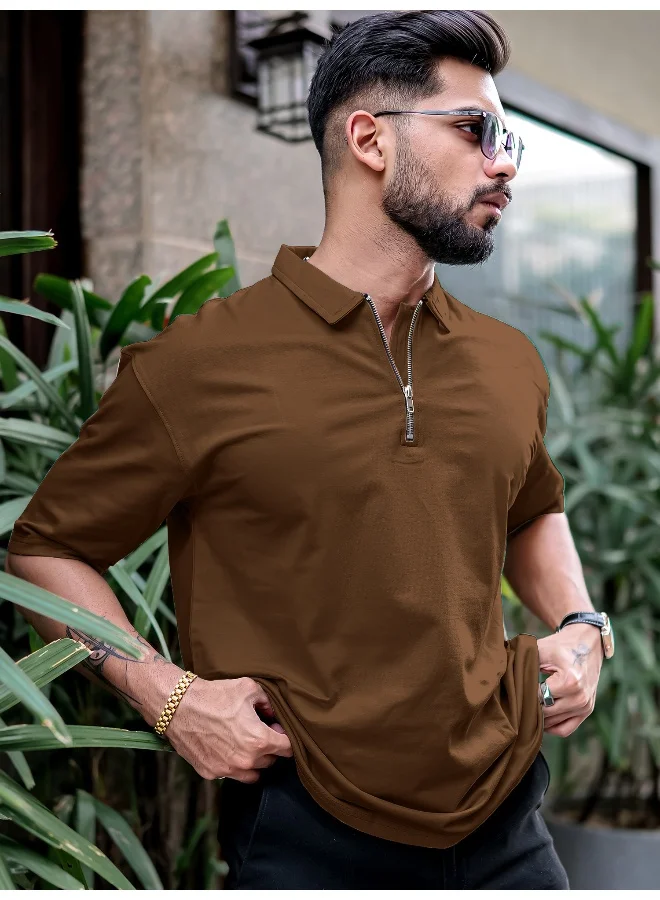 Maniac Maniac Mens Polo Neck 3/4th Sleeve Brown Cotton Oversized T-Shirt