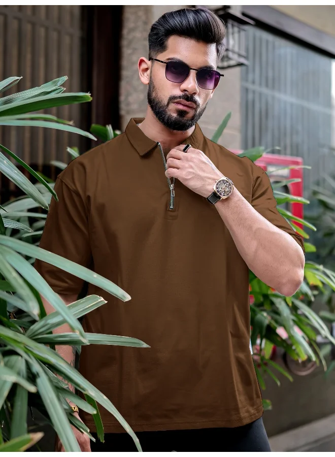 Maniac Maniac Mens Polo Neck 3/4th Sleeve Brown Cotton Oversized T-Shirt