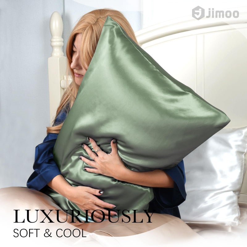J JIMOO 100% Mulberry Silk Pillowcase for Hair and Skin, 22 Momme Pure Natural Silk Pillow Case Both Sided with Zipper, Pillow Cover for Women Mom Men (Matcha, Queen 20''Ã—30'', 1 Pack) - Image 2