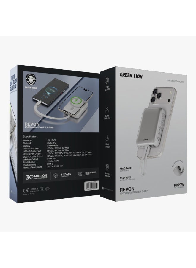 GREEN LION Revon 10000mAh Power Bank PD 20W with Magsafe Compatible / LED Digital Display / Built-In Cable Strap / Flight Approved / Multiple Protection / Powerbank Mini & Compact  - Silver - Image 3