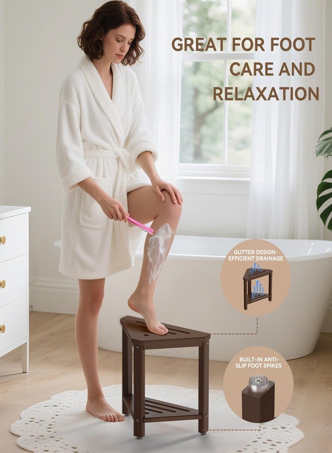 ONSGLM Shower Foot Rest 15in, HDPE Waterproof Shower Stool for Inside Shower, Corner Shower Stool for Shaving Legs with Storage Shelf for Small Space, Shower Step Stool, Plastic Corner Shower Bench, Brown - Image 2