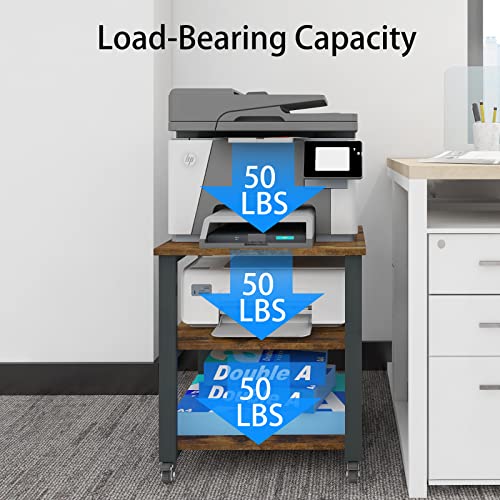 Natwind 3-Tier Laser Printer Cart,19.7''x19.7''x22.6'' Large Machine Stand,Heavy Duty Rolling Table with Storage,Floor-Standing Rack on Wheels,Paper File Organizer Shelf for Home Office (Retro) - Image 4