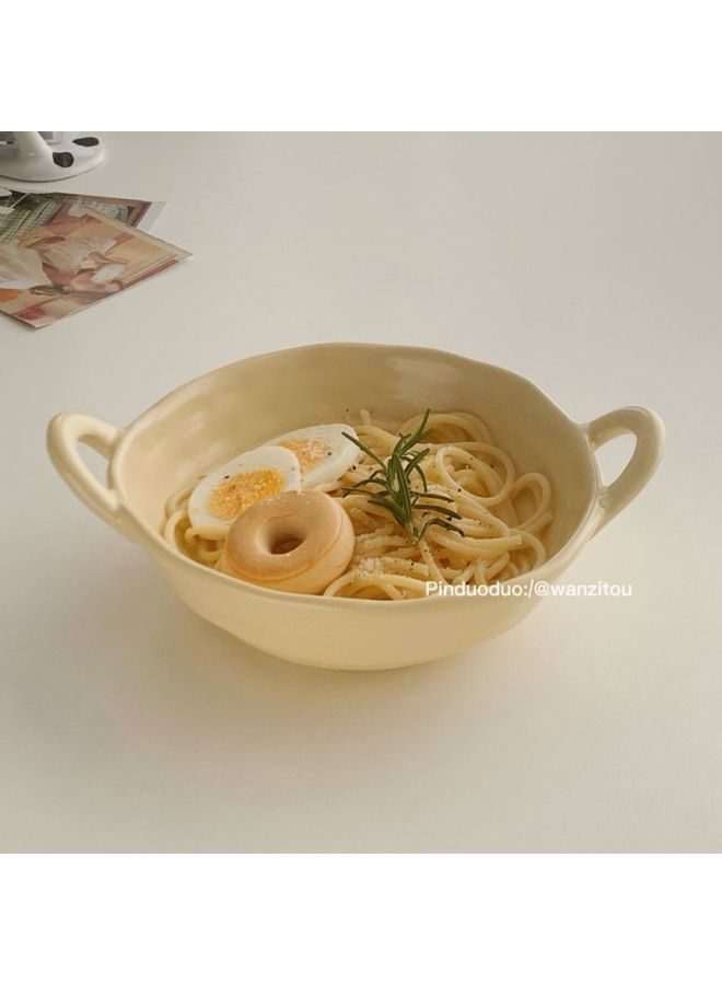 Ceramic Bakeware Ins Irregular Bowl Dormitory Students Easy To Clean Large Bowl Color Value Fruit Salah Bowl Household Tableware-Specification:By Default-Colour:[paired With Spoon] Irregular Double-eared Bowl - Lotus Root Starch (the Spoon Has Color Difference) - Image 5