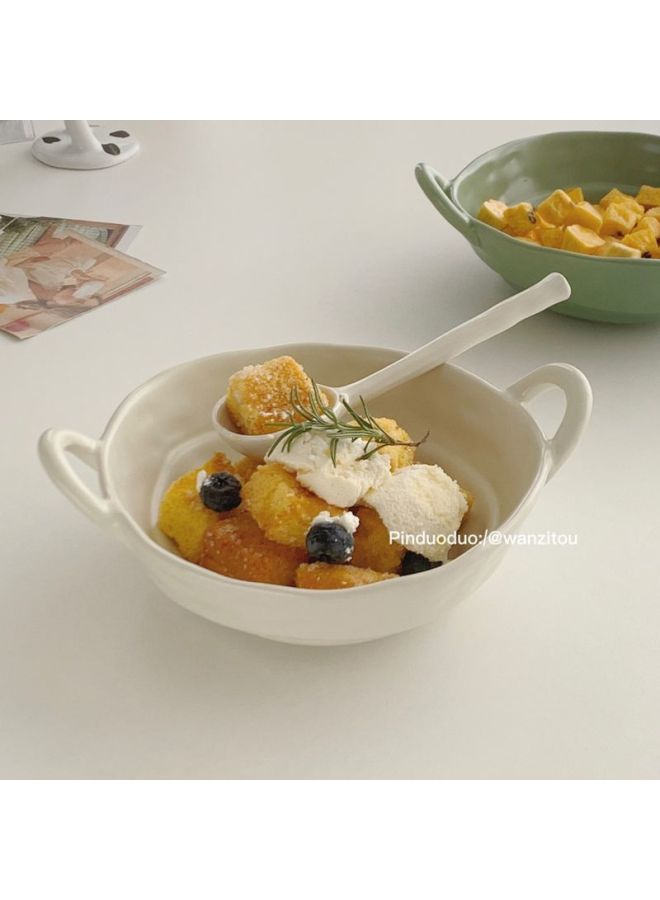 Ceramic Bakeware Ins Irregular Bowl Dormitory Students Easy To Clean Large Bowl Color Value Fruit Salah Bowl Household Tableware-Specification:By Default-Colour:[paired With Spoon] Irregular Double-eared Bowl - Lotus Root Starch (the Spoon Has Color Difference) - Image 4