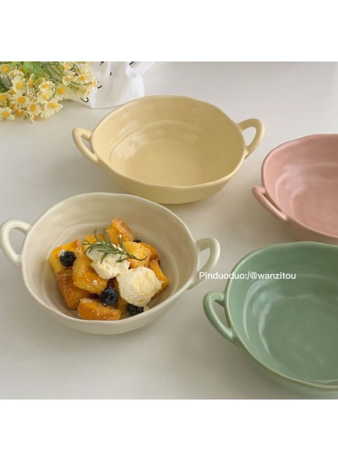 Ceramic Bakeware Ins Irregular Bowl Dormitory Students Easy To Clean Large Bowl Color Value Fruit Salah Bowl Household Tableware-Specification:By Default-Colour:[paired With Spoon] Irregular Double-eared Bowl - Lotus Root Starch (the Spoon Has Color Difference) - Image 3