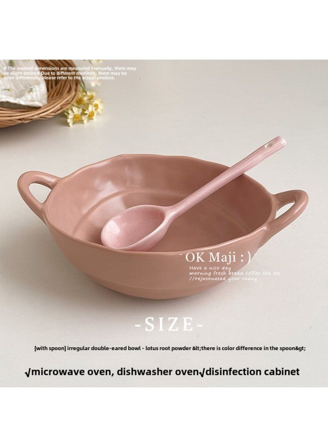 Ceramic Bakeware Ins Irregular Bowl Dormitory Students Easy To Clean Large Bowl Color Value Fruit Salah Bowl Household Tableware-Specification:By Default-Colour:[paired With Spoon] Irregular Double-eared Bowl - Lotus Root Starch (the Spoon Has Color Difference) - Image 1