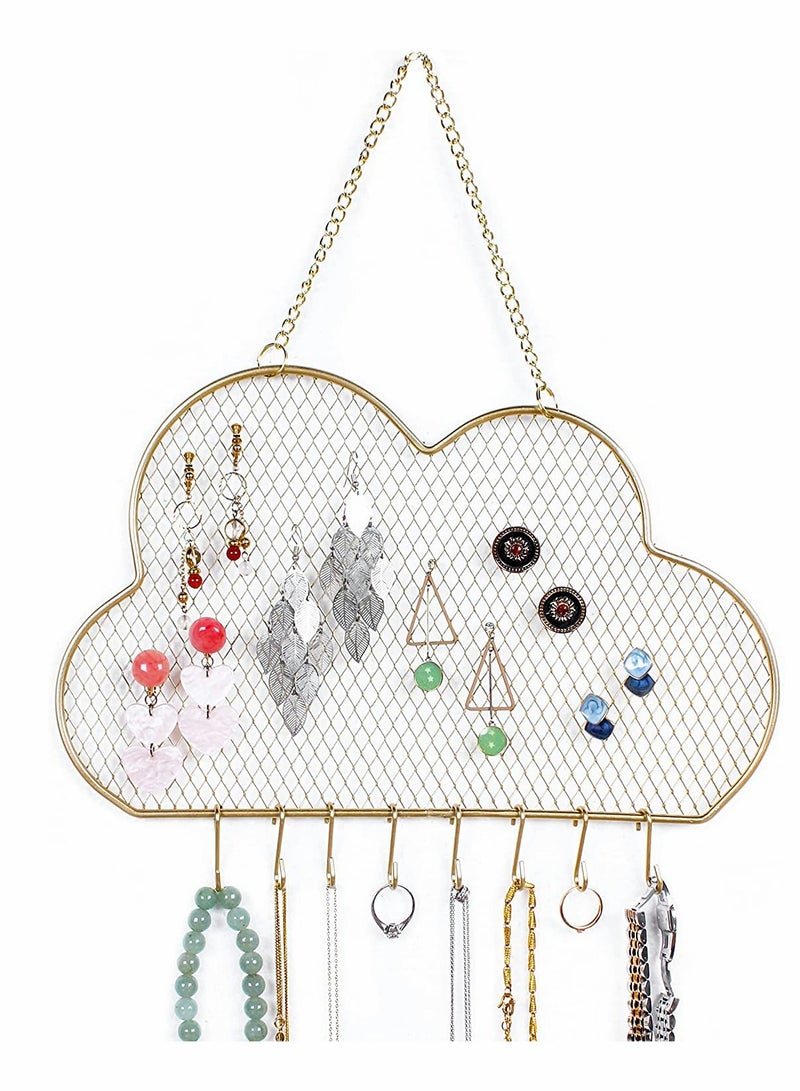 KASTWAVE Hanging Wall, Wall Jewelry Rack, Hanging Earring Holder, Hanging Jewelry Organizer Display, Grid, Golden, Cloud-Shaped, Bracelet Necklace and Ring Organizer, with 8 Hooks - Image 1