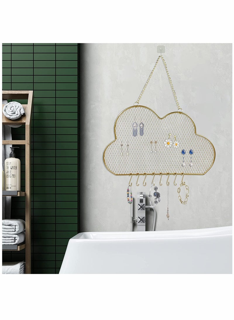KASTWAVE Hanging Wall, Wall Jewelry Rack, Hanging Earring Holder, Hanging Jewelry Organizer Display, Grid, Golden, Cloud-Shaped, Bracelet Necklace and Ring Organizer, with 8 Hooks - Image 4