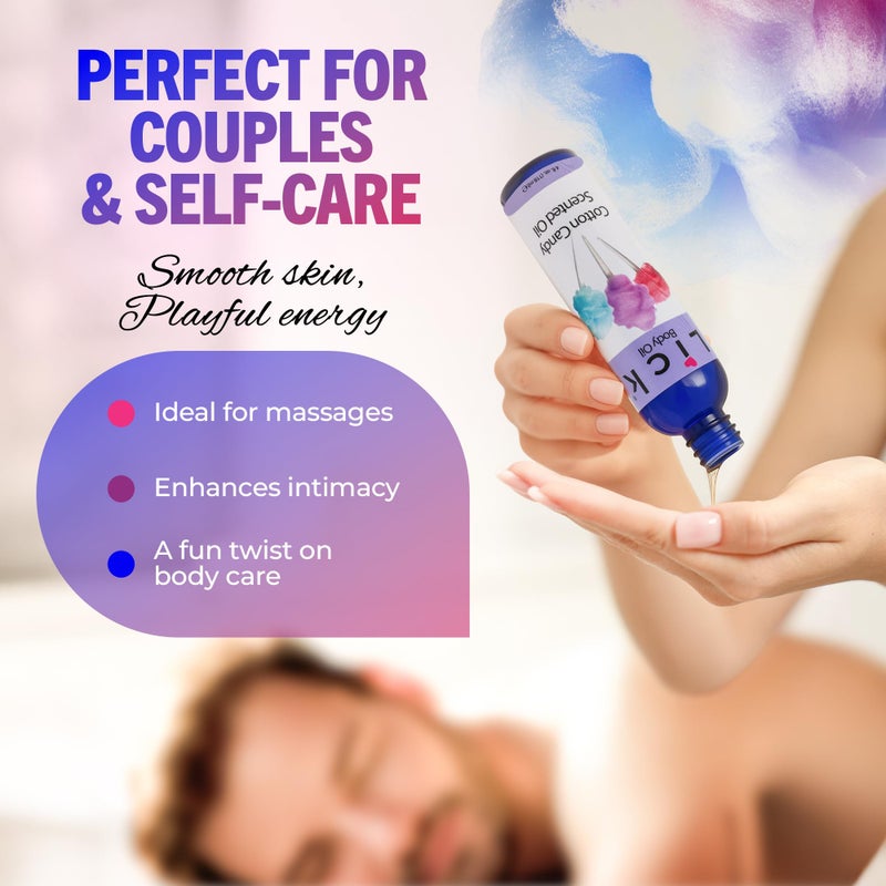 LICK زيت الجسم المعطر برائحة حلوى القطن - زيت مرطب فاخر لبشرة متألقة، غني بزيوت الخروع واللوز والجرجير، وفيتامين E. مثالي للتدليك والعناية اليومية 4 أونصة سائلة. - Image 5