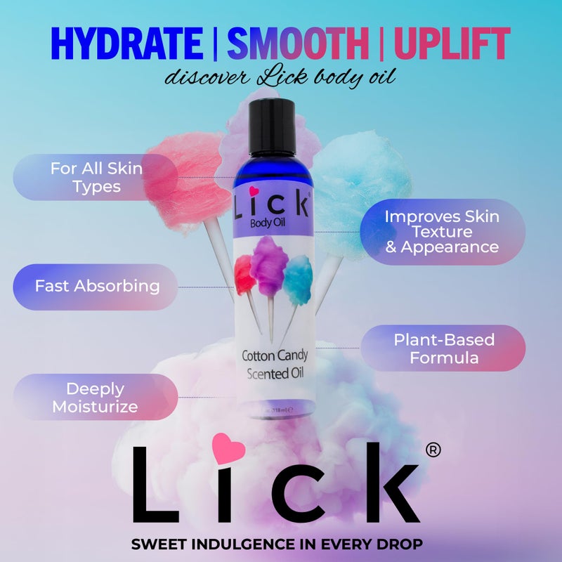 LICK زيت الجسم المعطر برائحة حلوى القطن - زيت مرطب فاخر لبشرة متألقة، غني بزيوت الخروع واللوز والجرجير، وفيتامين E. مثالي للتدليك والعناية اليومية 4 أونصة سائلة. - Image 2