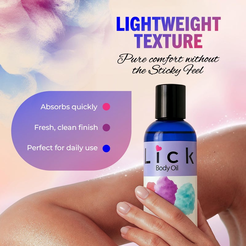LICK زيت الجسم المعطر برائحة حلوى القطن - زيت مرطب فاخر لبشرة متألقة، غني بزيوت الخروع واللوز والجرجير، وفيتامين E. مثالي للتدليك والعناية اليومية 4 أونصة سائلة. - Image 3
