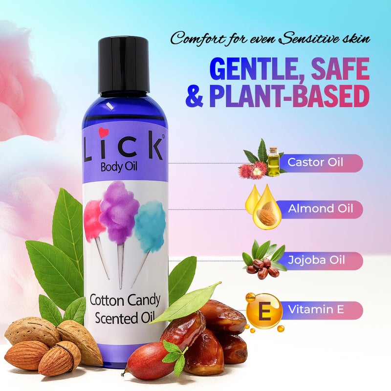 LICK زيت الجسم المعطر برائحة حلوى القطن - زيت مرطب فاخر لبشرة متألقة، غني بزيوت الخروع واللوز والجرجير، وفيتامين E. مثالي للتدليك والعناية اليومية 4 أونصة سائلة. - Image 4