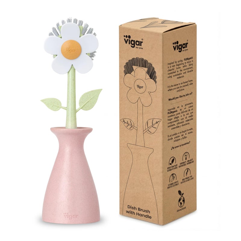 Vigar Florganic Daisy-Shaped Dish Brush with Vase Dish Brush Holder, Dish Brush with Handle, for Pot Scrubber, Kitchen Dishes, and Sink Cleaning, Pink - Image 1