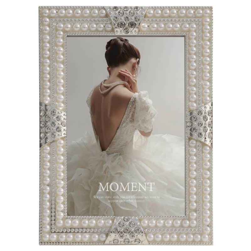 DIKAR 5x7 Picture Frame with Pearls for Couples, Wedding Picture Frames for Horizontal and Vertical Tabletop Display (cream) - Image 1
