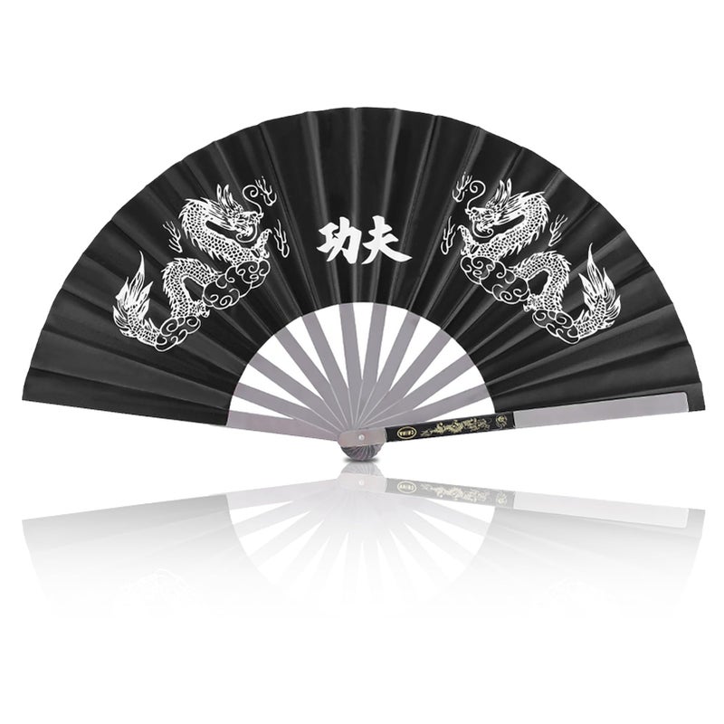 Frdhee Chinese Kung Fu Tai Chi Fan Arts Dance Folding Fan Stainless Steel Written Kung Fu Fan Folding Hand Fan(Black) - Image 1