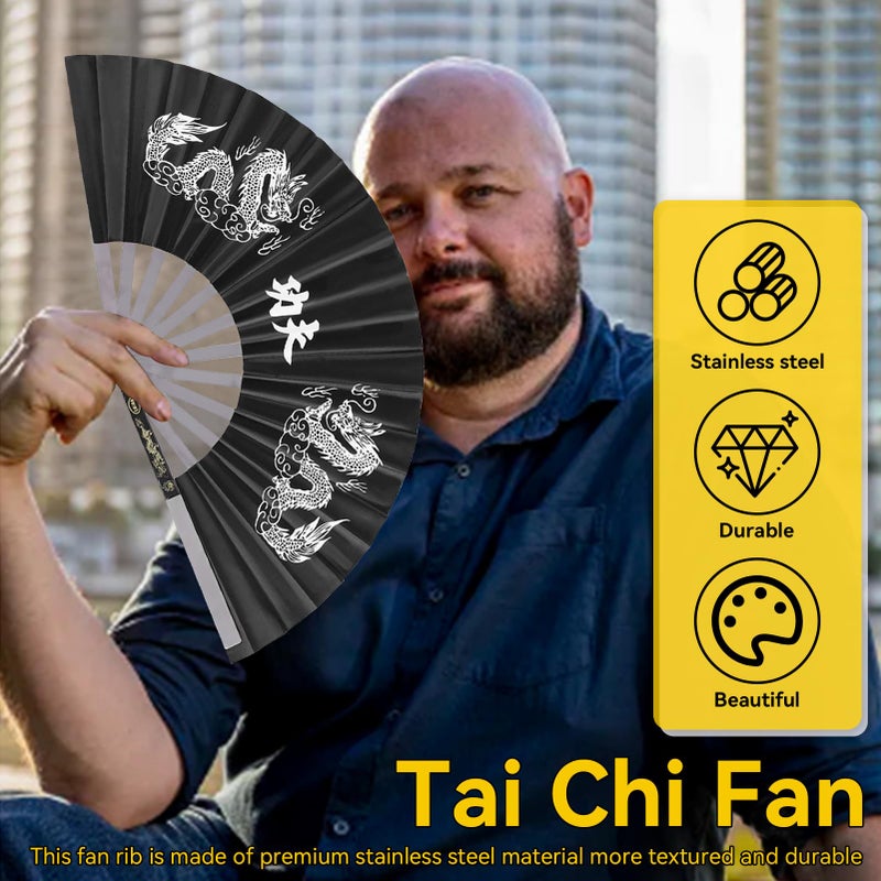 Frdhee Chinese Kung Fu Tai Chi Fan Arts Dance Folding Fan Stainless Steel Written Kung Fu Fan Folding Hand Fan(Black) - Image 2