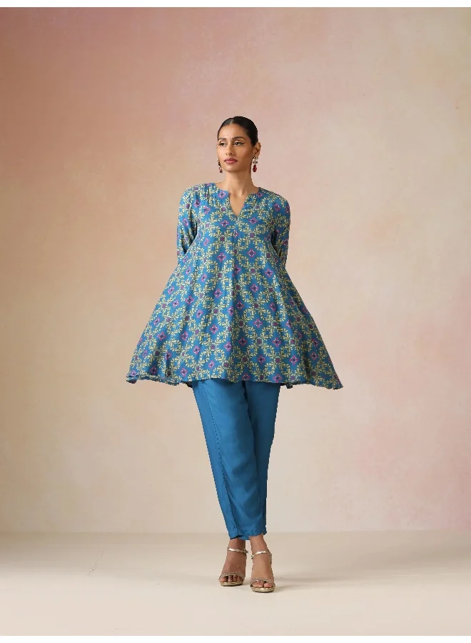 trueBrowns trueBrowns Blue Lime Jaal Print Viscose Flared Co-ord Set