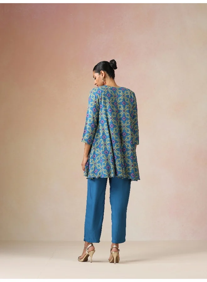 trueBrowns trueBrowns Blue Lime Jaal Print Viscose Flared Co-ord Set