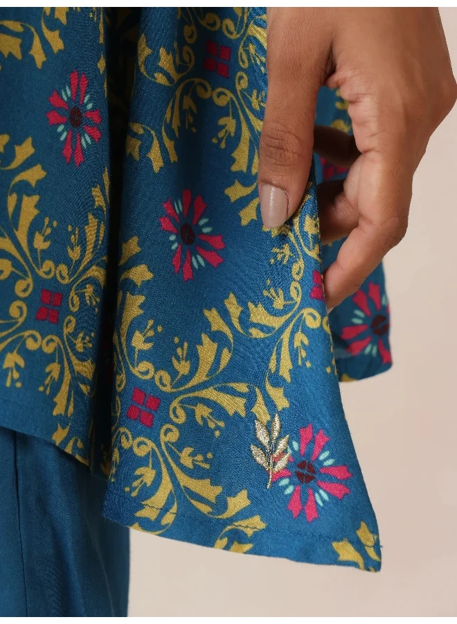 trueBrowns trueBrowns Blue Lime Jaal Print Viscose Flared Co-ord Set