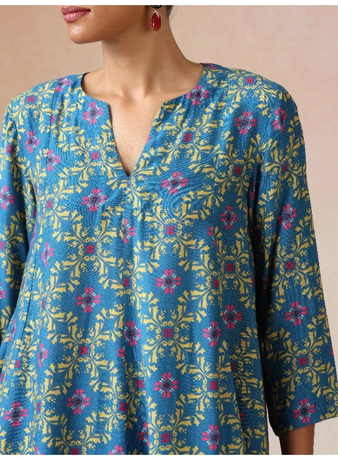 trueBrowns trueBrowns Blue Lime Jaal Print Viscose Flared Co-ord Set