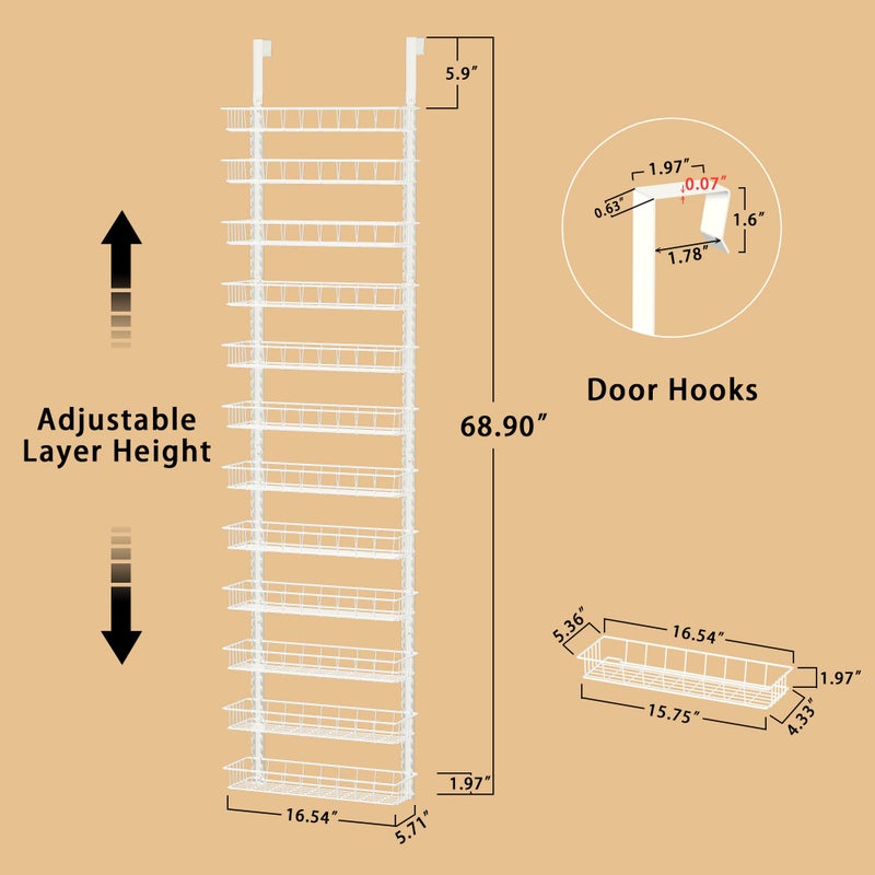 Churboro Over the Door Pantry Organizer Rack with 12 Adjustable Baskets, 12 Tiers Dual-use Spice Rack- Hanging or Wall Mount Spice Rack, Pantry Door Organizer, White - Image 2