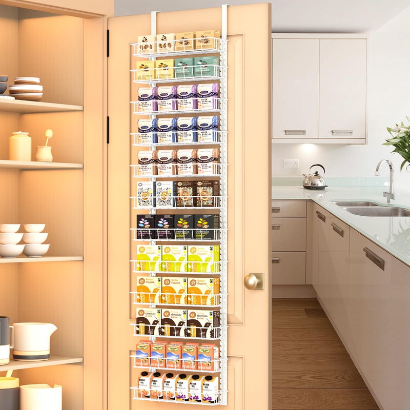 Churboro Over the Door Pantry Organizer Rack with 12 Adjustable Baskets, 12 Tiers Dual-use Spice Rack- Hanging or Wall Mount Spice Rack, Pantry Door Organizer, White - Image 1
