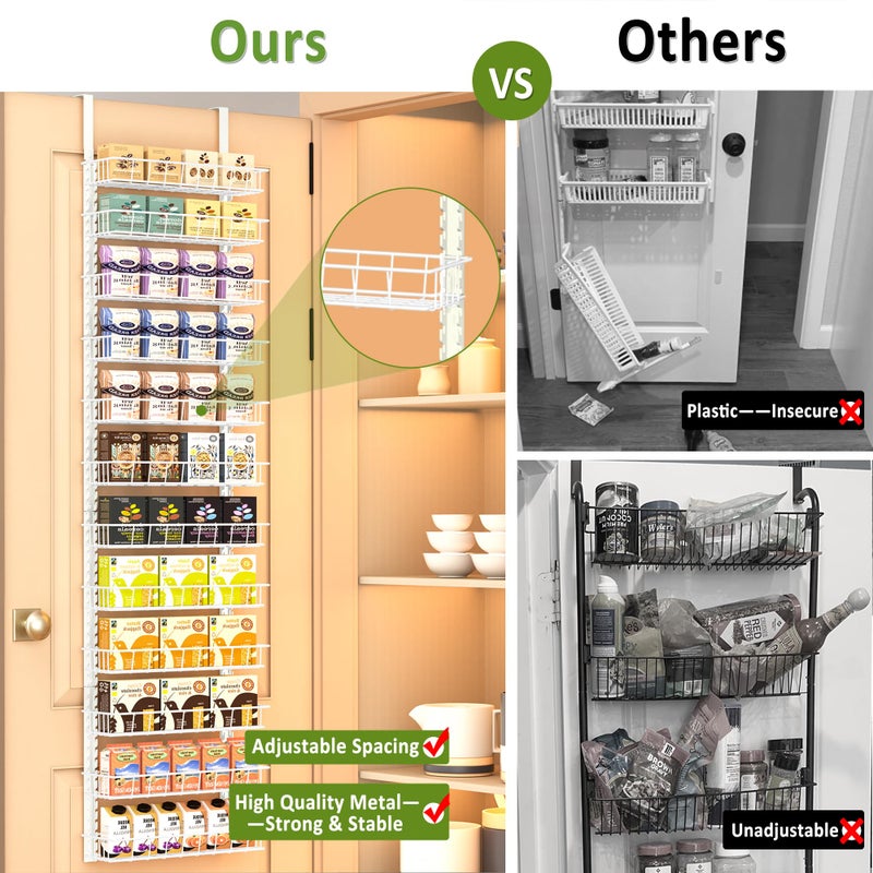 Churboro Over the Door Pantry Organizer Rack with 12 Adjustable Baskets, 12 Tiers Dual-use Spice Rack- Hanging or Wall Mount Spice Rack, Pantry Door Organizer, White - Image 4