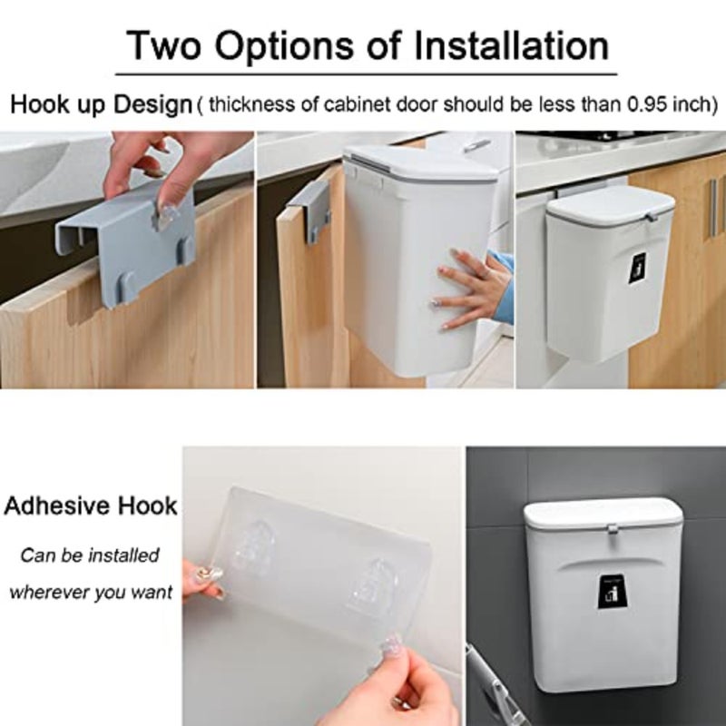 Tiyafuro 2.4 Gallon Kitchen Compost Bin for Counter Top or Under Sink, Hanging Small Trash Can with Lid for Cupboard/Bathroom/Bedroom/Office/Camping, Mountable Indoor Compost Bucket - Image 4