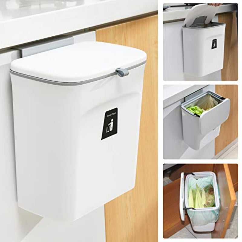 Tiyafuro 2.4 Gallon Kitchen Compost Bin for Counter Top or Under Sink, Hanging Small Trash Can with Lid for Cupboard/Bathroom/Bedroom/Office/Camping, Mountable Indoor Compost Bucket - Image 1