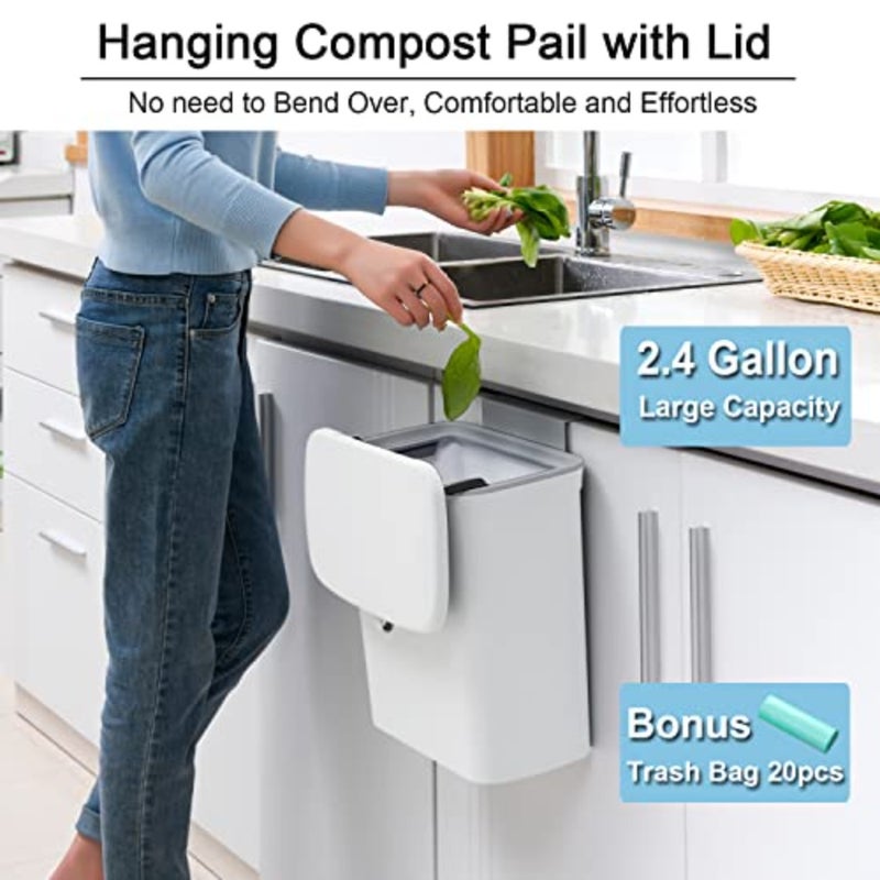 Tiyafuro 2.4 Gallon Kitchen Compost Bin for Counter Top or Under Sink, Hanging Small Trash Can with Lid for Cupboard/Bathroom/Bedroom/Office/Camping, Mountable Indoor Compost Bucket - Image 2