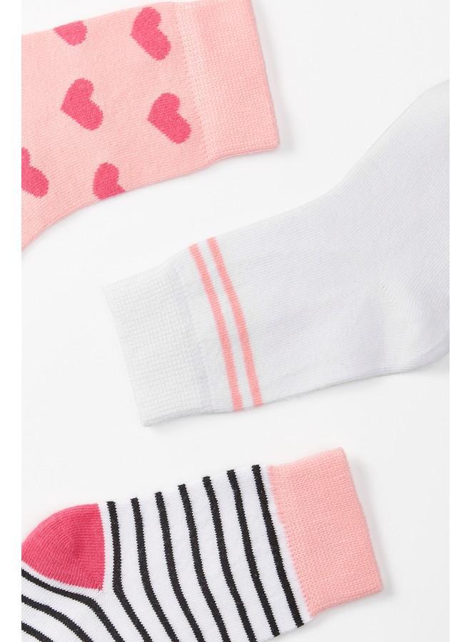 جون جوارب مدرسية بناتي منقوشة بثلاث قطع - وردي داكن - Image 4