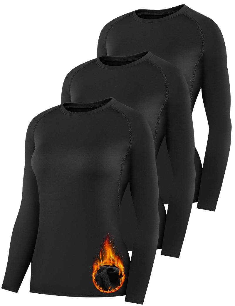 HovSiyla 3 Pack Womens Thermal Compression Long Sleeve Shirts Fleece Lined Tops Crew Neck Slim Fit Base Layer Ladies Underwear 3 Black Large - Image 1